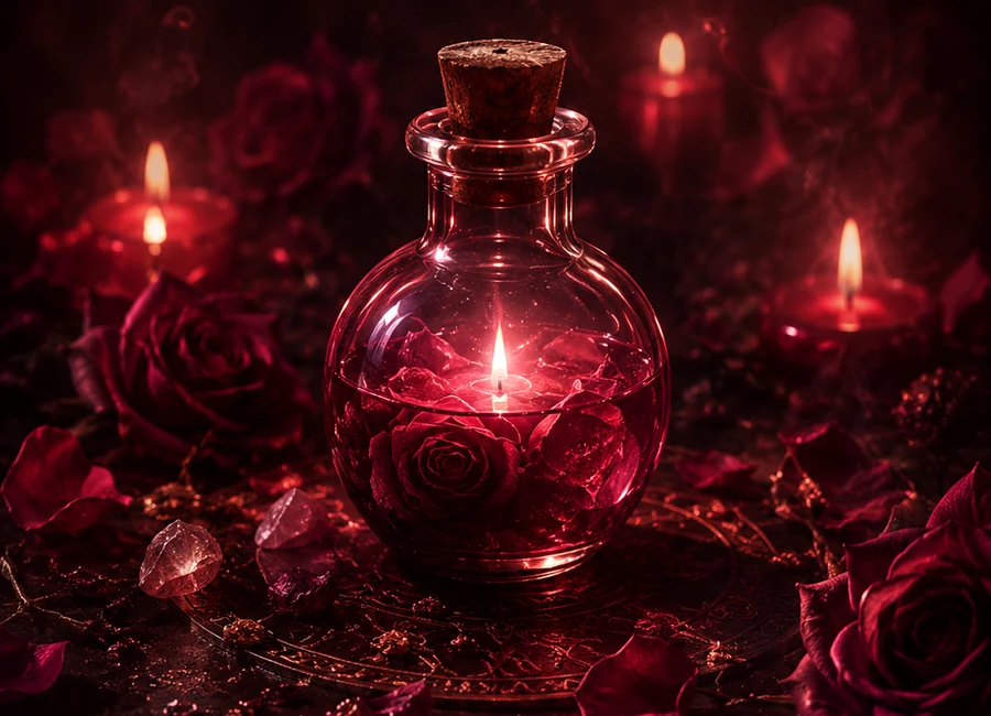 Endulzamientos de amor con frasco, rosas y velas